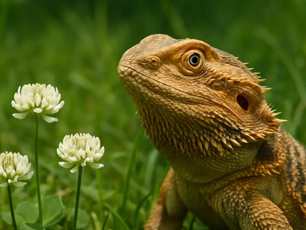 bearded dragon looking clover flower in grass