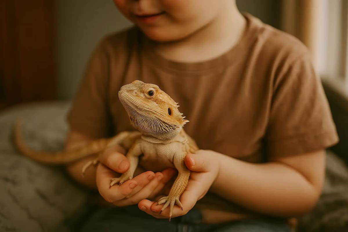 Child holding a bearded dragon lizard indoors with gentle hands