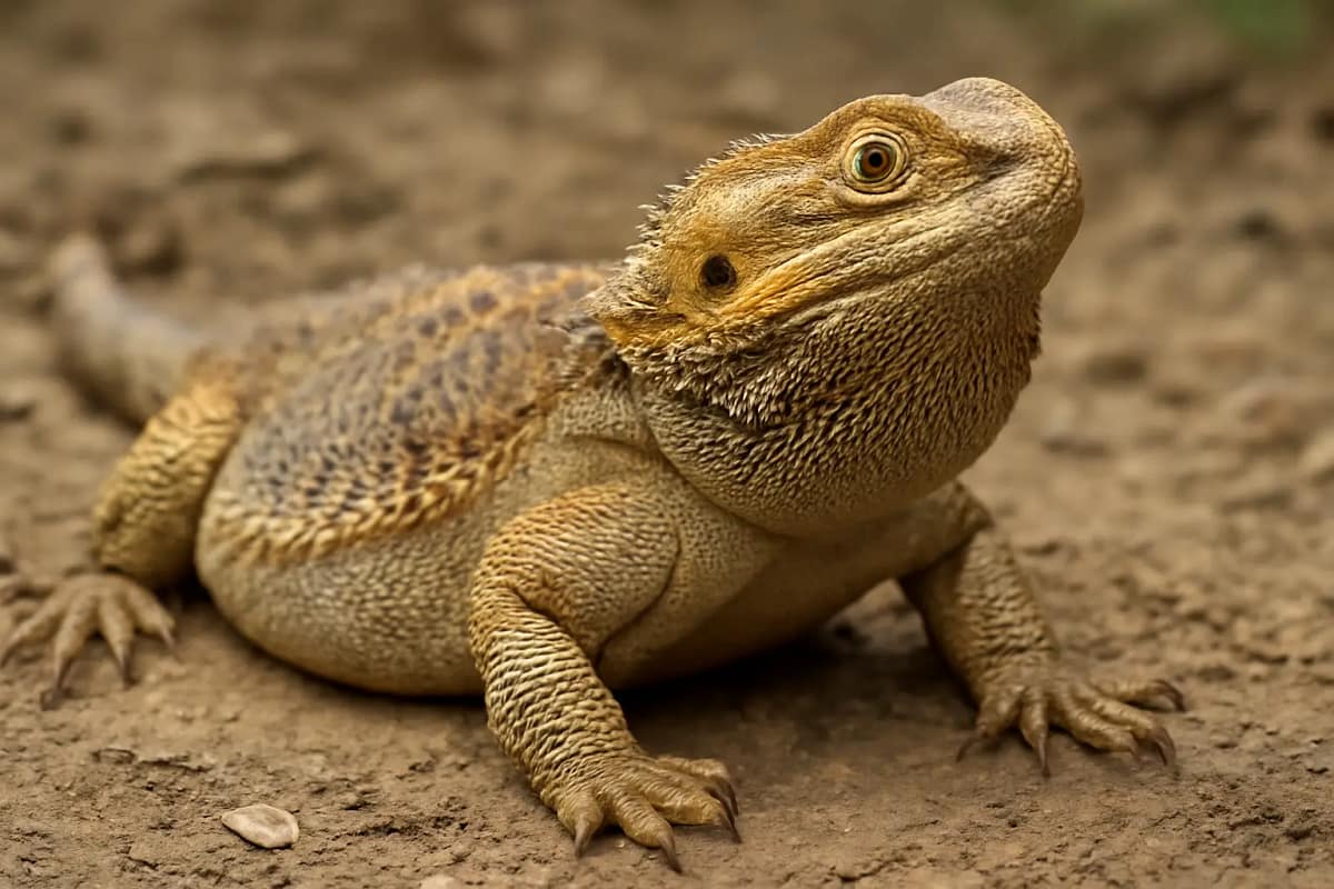 Bearded dragon with full belly showing signs of overfeeding, resting in natural habitat