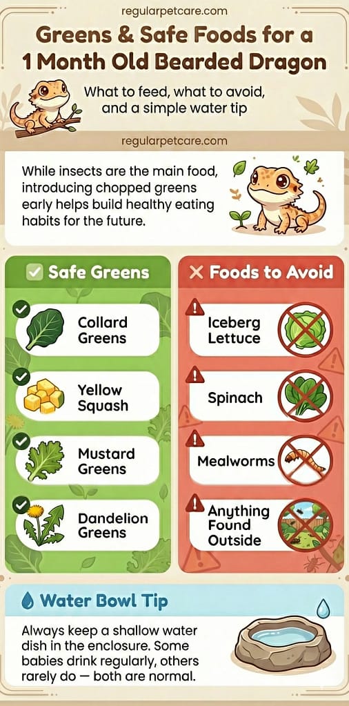 Greens and safe foods infographic for a 1 month old bearded dragon, showing safe greens to feed and foods to avoid.