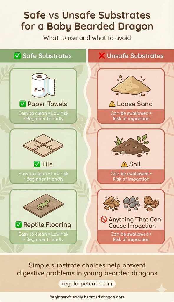 Safe vs unsafe substrates for a baby bearded dragon infographic